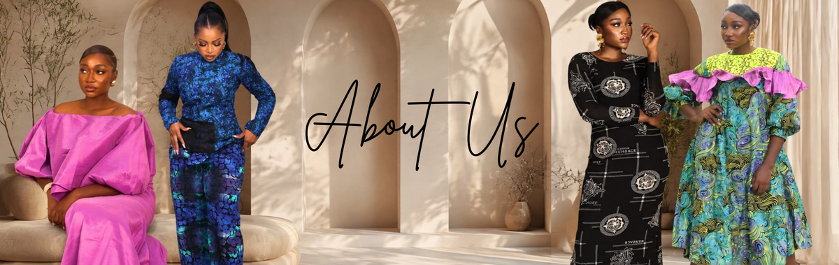 A promotional banner with four models wearing colorful traditional African garments in an arched stone corridor. The text 'About Us' is written in the center.